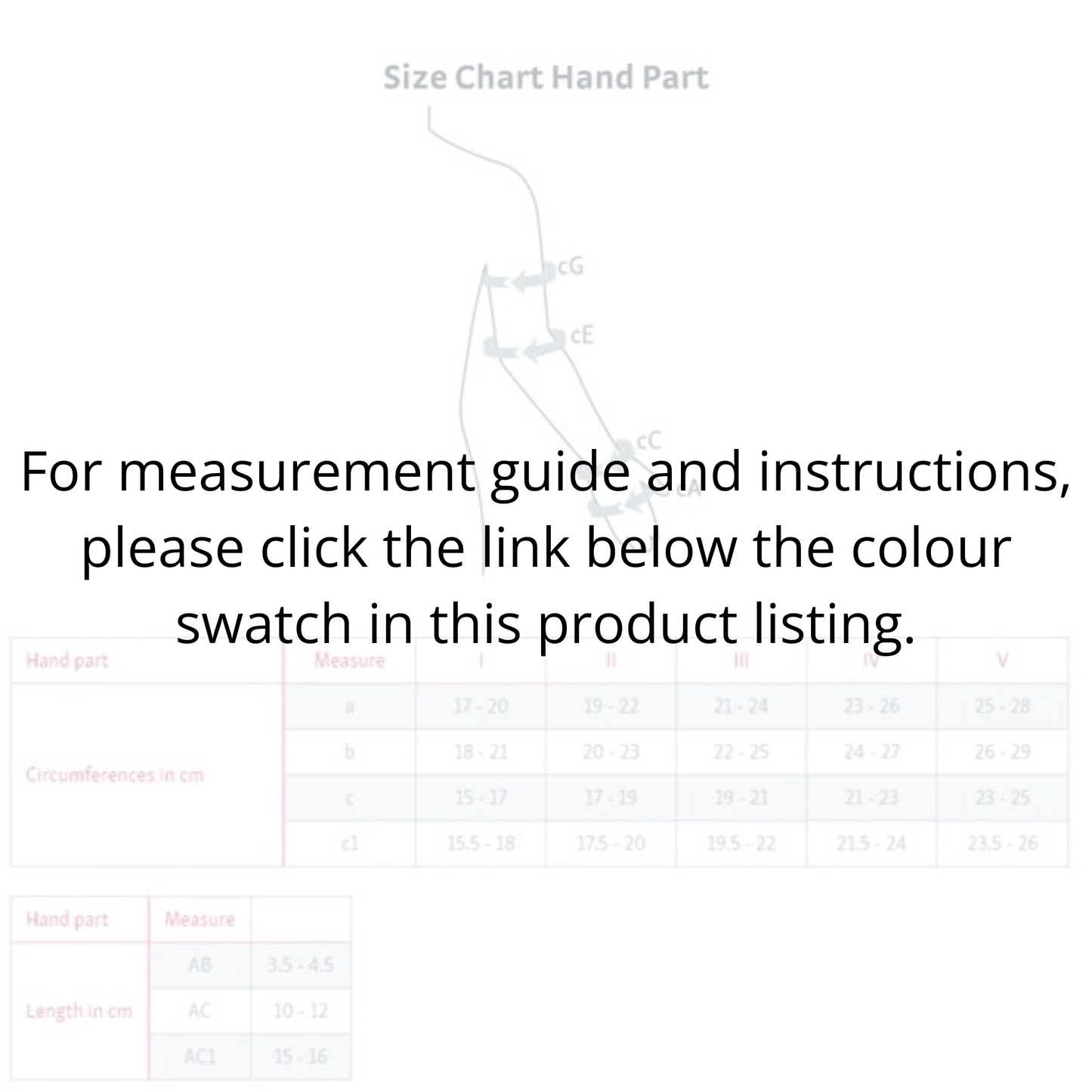 A note which says "For measurement guide and instructions, please click the link below the colour swatch in this product listing."
