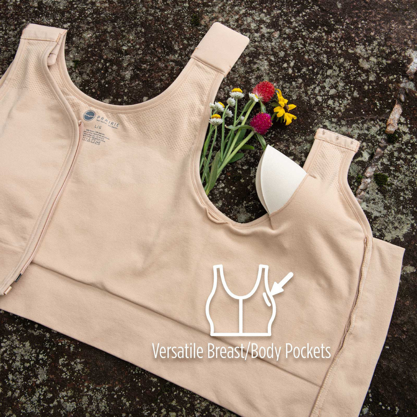 Prairie Wear HuggerPRIMA compression bra in Wheat Beige showing versatile breast and body pockets for prosthetics, padding, pressure pads or ice packs.