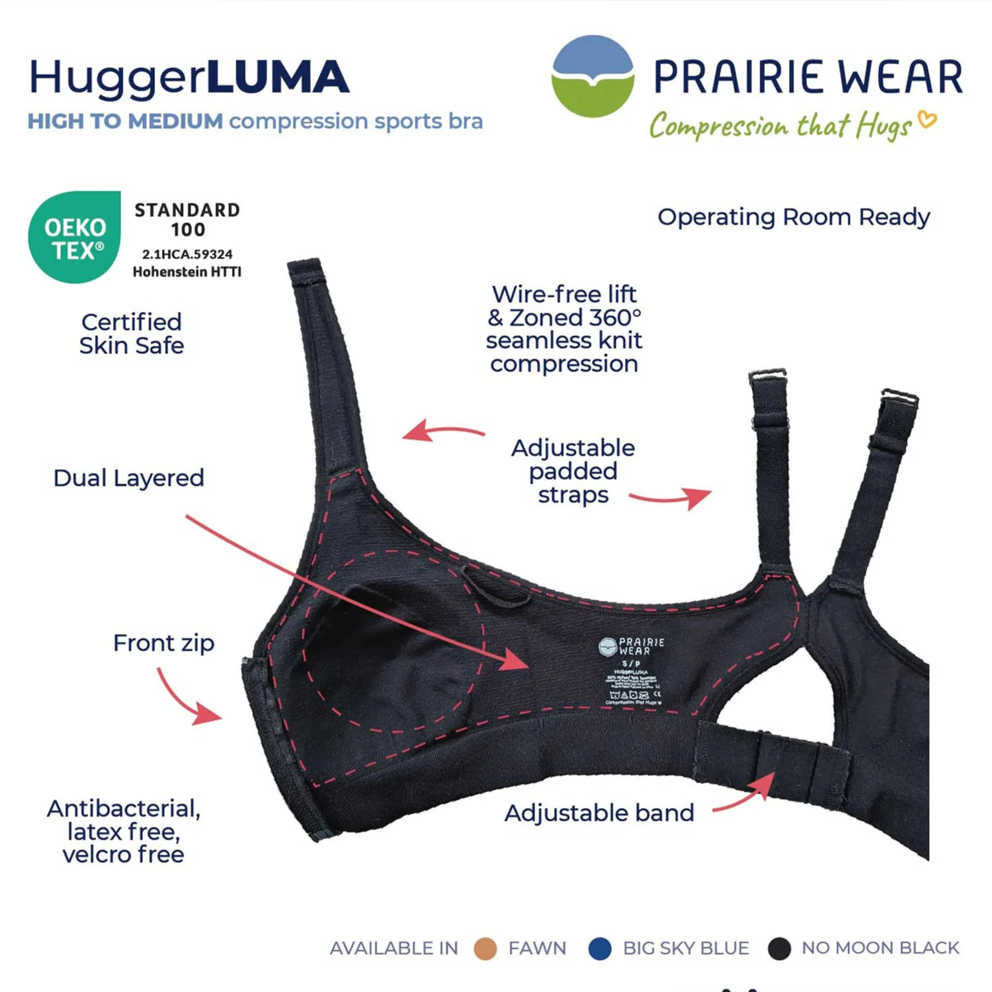 Prairie Wear HuggerLuma compression bra features graphic — wire-free 360 seamless knit, adjustable padded straps, front zip and adjustable band.