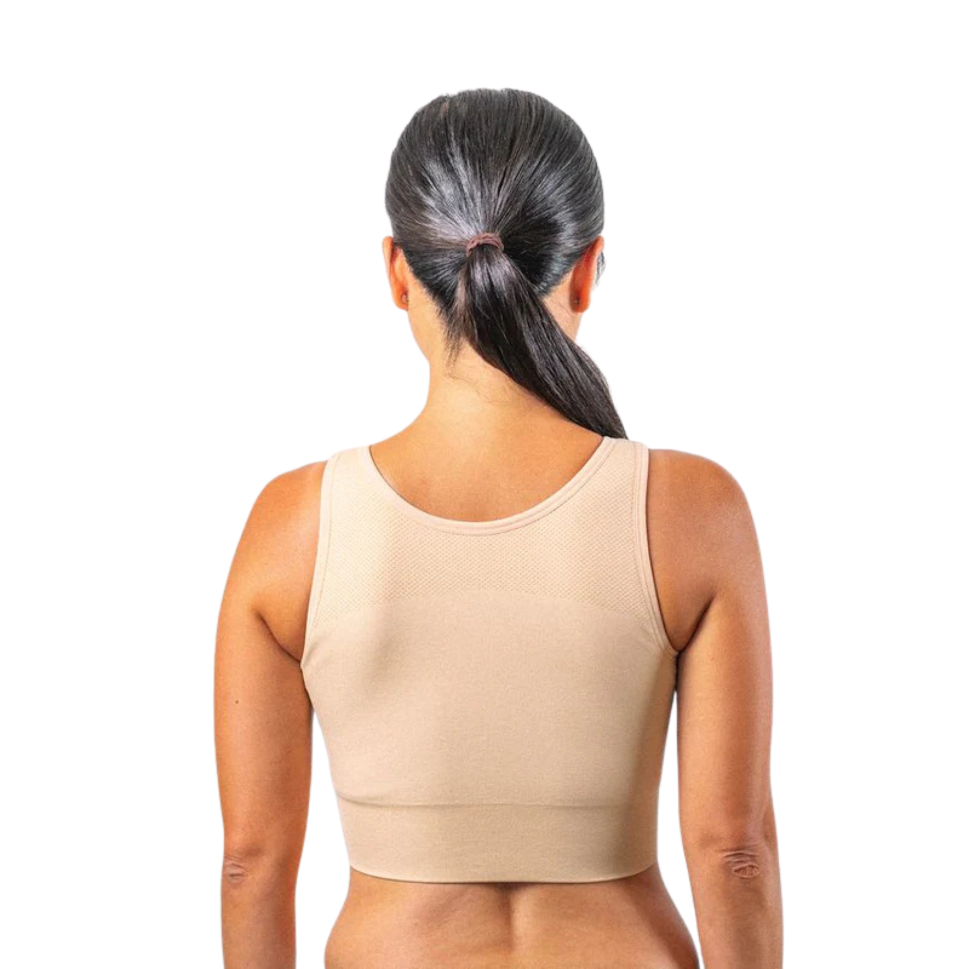 Rear view of Prairie Wear HuggerPRIMA compression bra showing full back and axillary coverage, seamless wire-free knit construction, beige.