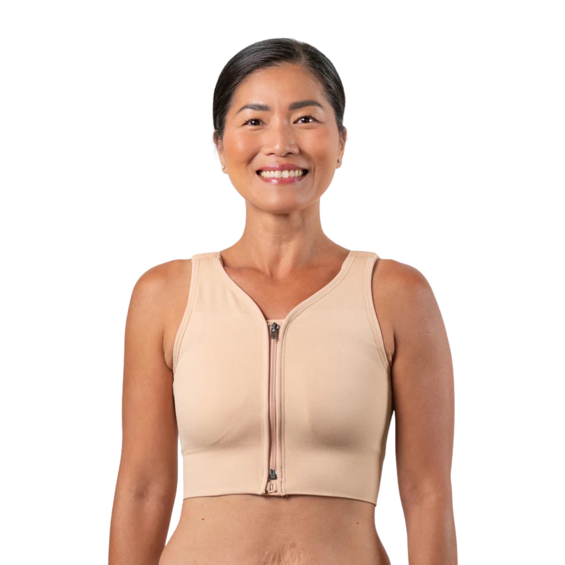 HuggerPRIMA full-coverage compression bra in Wheat Beige — front zip with width extender, post-surgical and lymphoedema support. Model front view.