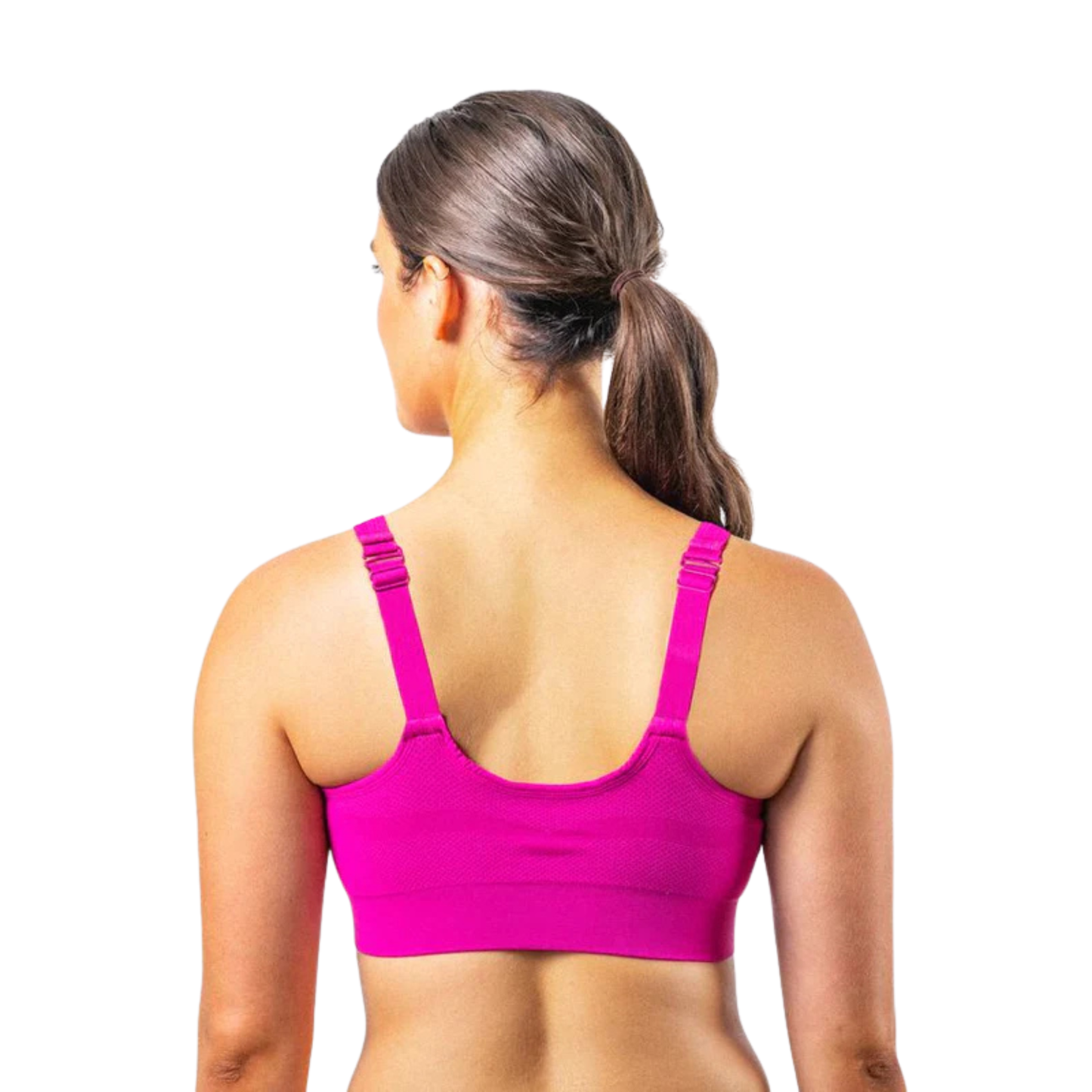 Prairie Wear HuggerVida Low-Medium Compression Bra – Adjustable Padded Straps, Back View, Prairie Dawn Pink