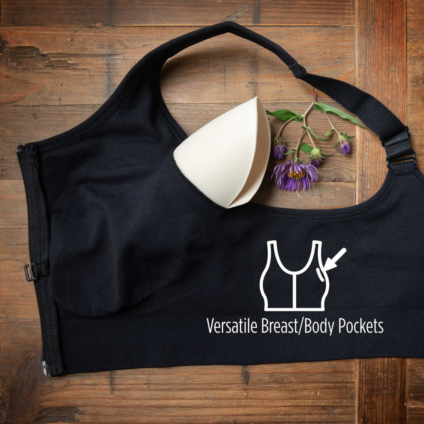 Prairie Wear HuggerVida Low-Medium Compression Bra – Breast/Body Pockets Adjustable Straps, No Moon Black.