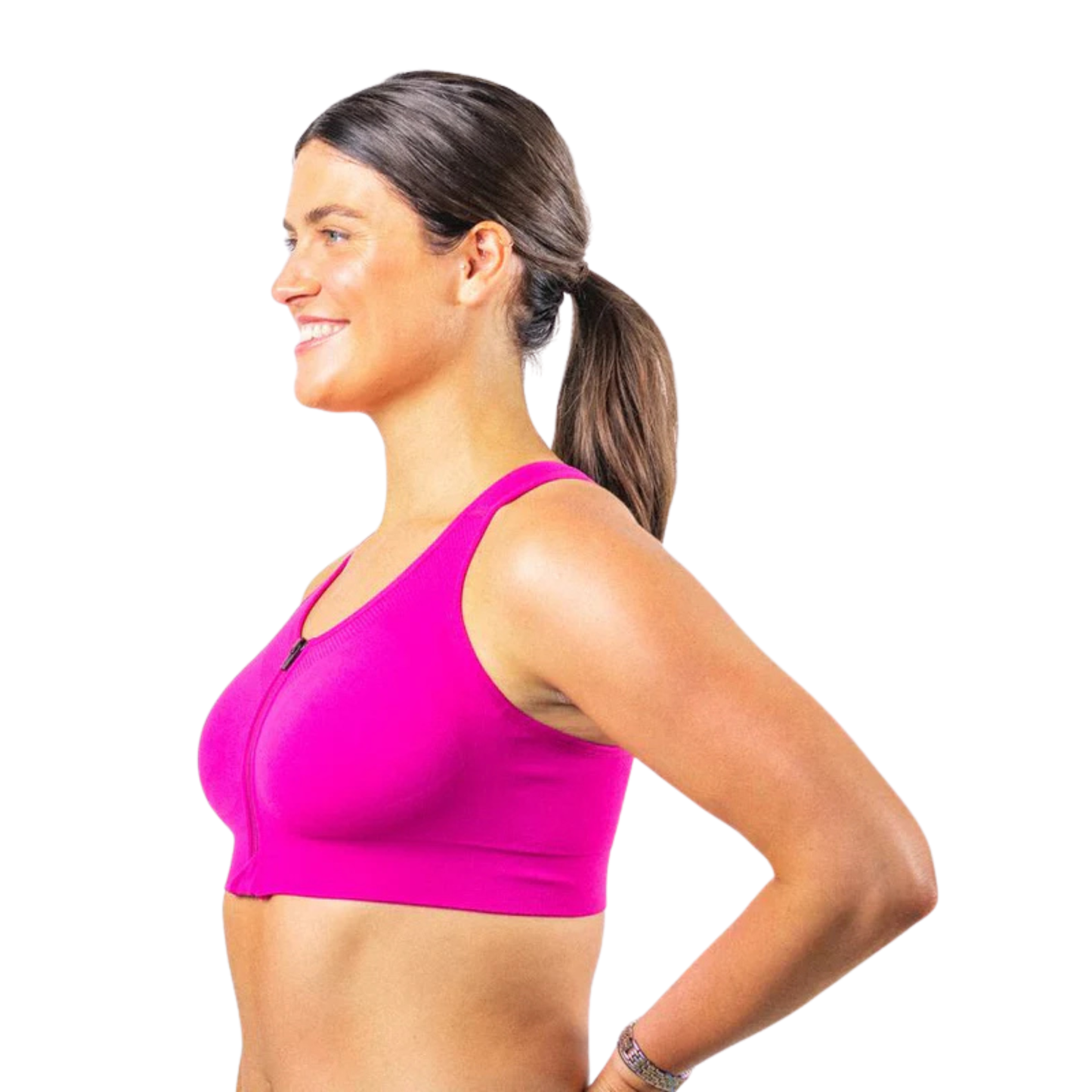 Prairie Wear HuggerVida Low-Medium Compression Bra – Side Profile View, Prairie Dawn Pink
