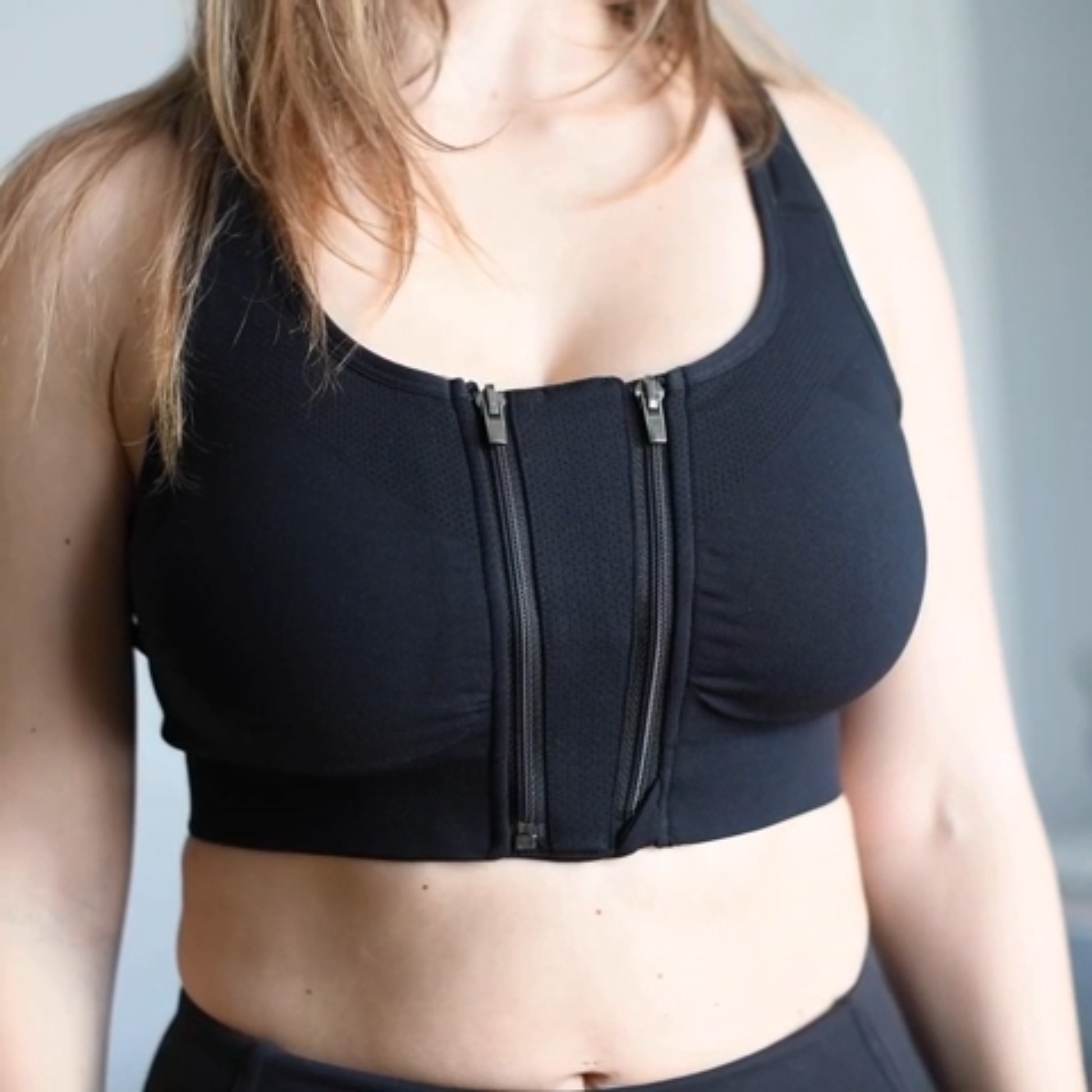 Prairie Wear HuggerVida Low-Medium Compression Bra – Extender Detail, Front View, No Moon Black