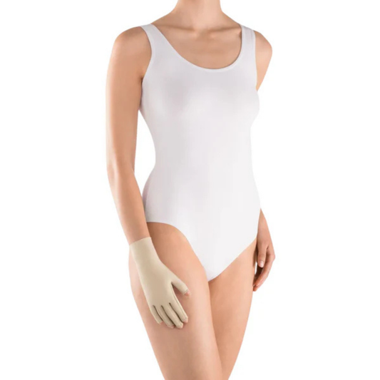 A model wearing a white sleeveless bodysuit or leotard, wearing circaid customisable compression glove on one hand, against a plain white background.