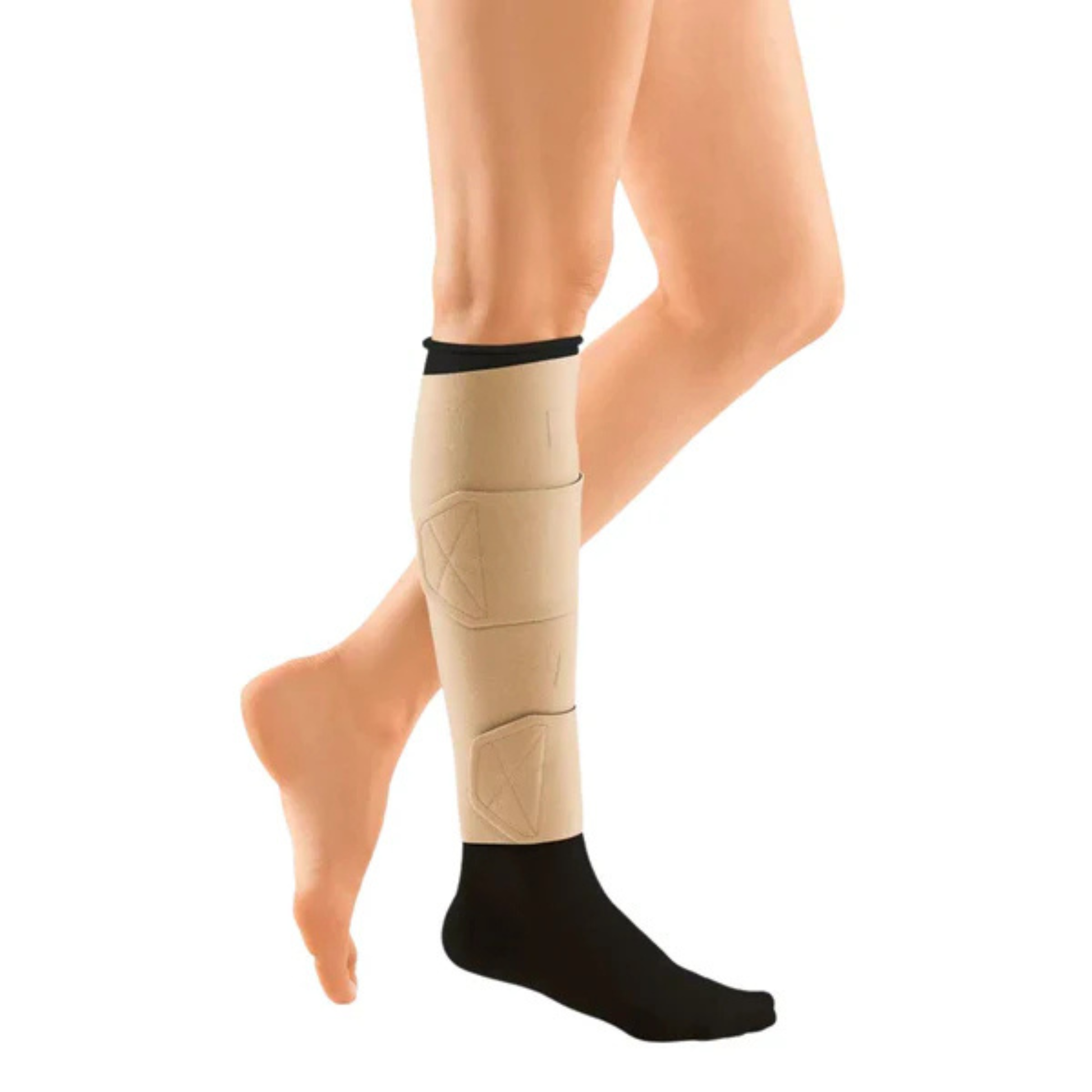 circaid juxtalite® adjustable lower leg compression wrap worn with compressive undersock, showing wrap bands over a black undersock  on lower leg