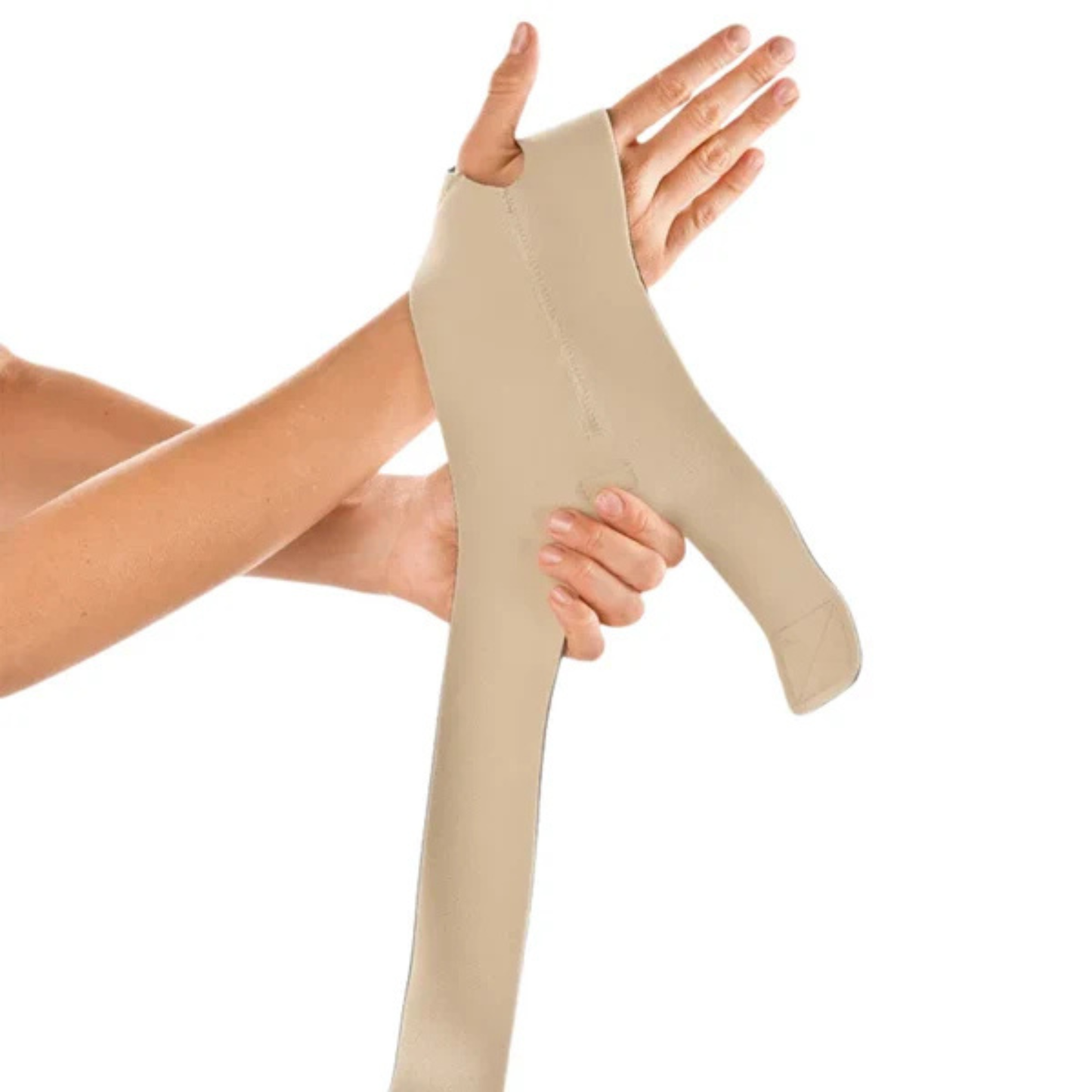 circaid juxtafit essentials compression hand wrap in beige, being applied by a model.