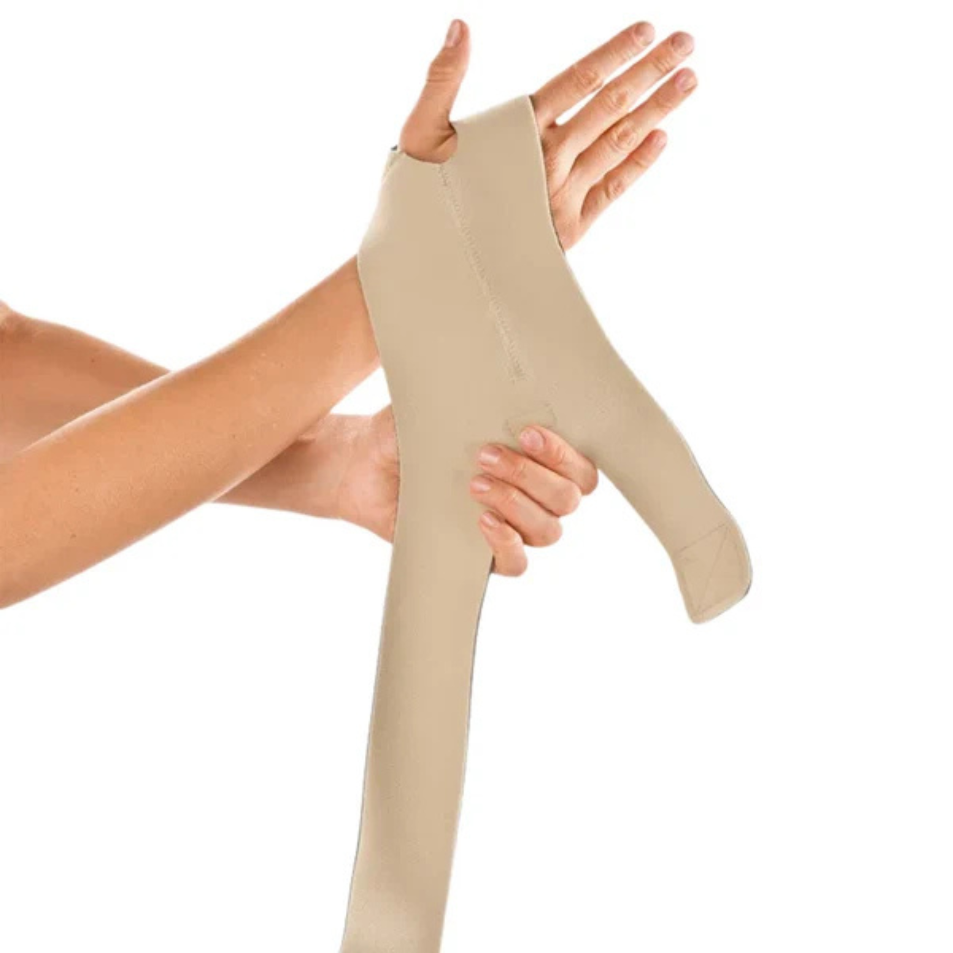 circaid juxtafit essentials compression hand wrap in beige, being applied by a model.