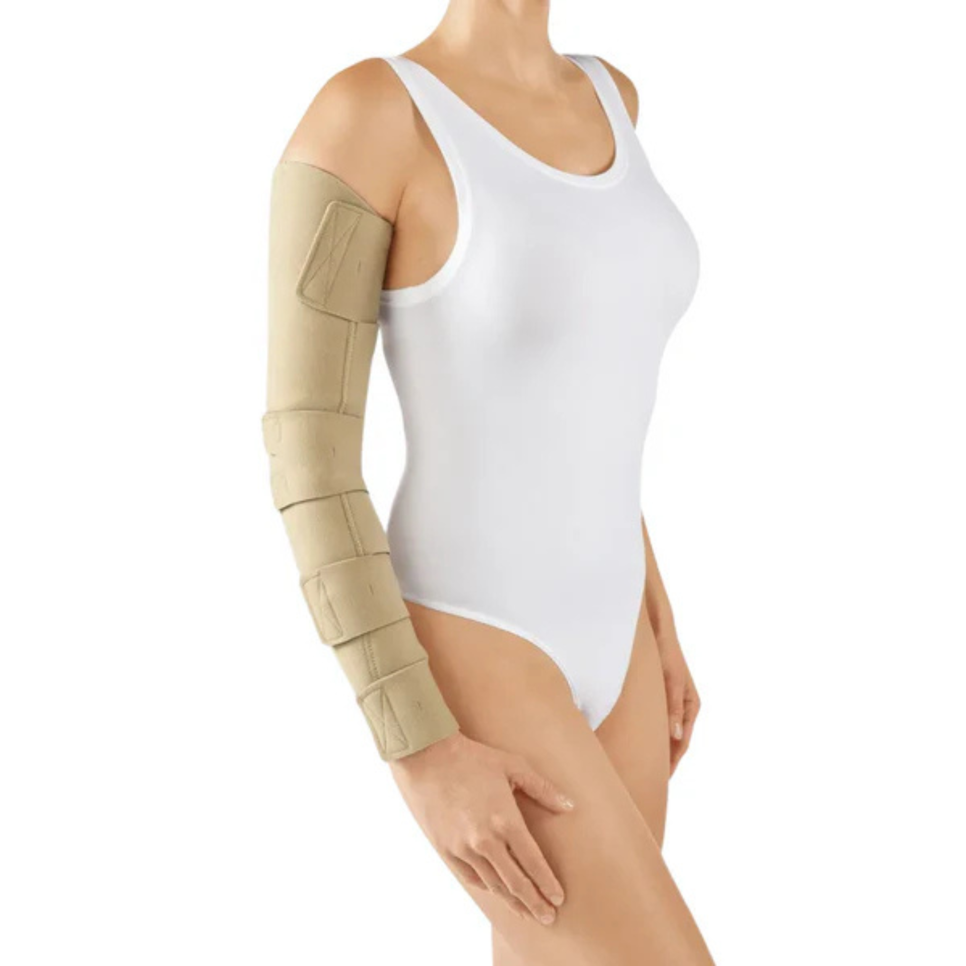 medi circaid juxtafit essentials arm adjustable compression device. A beige segmented elbow and forearm support brace worn on a model's right arm, shown against a plain white background.