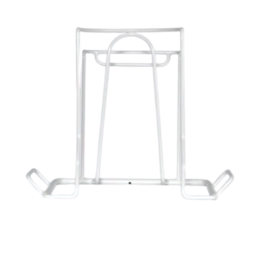 A white powder-coated steel frame for the easy donning of compression armsleeves.