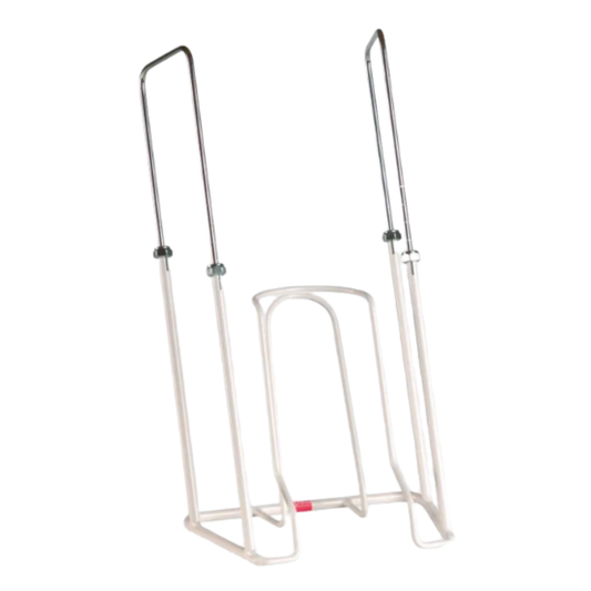 A white powder-coated steel frame with length-adjustable handles for the easy donning of compression stockings.