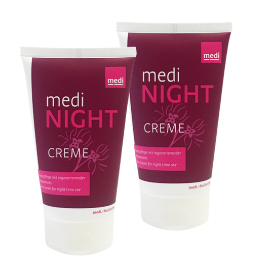 Two squeeze tubes of medi NIGHT CREME shown on a plain white background, with one tube in front and one behind it at a slight angle.
