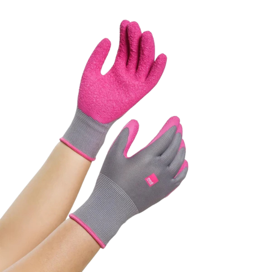A pair of gray and pink silicone-grip work gloves shown on a person's hands against a plain white background.