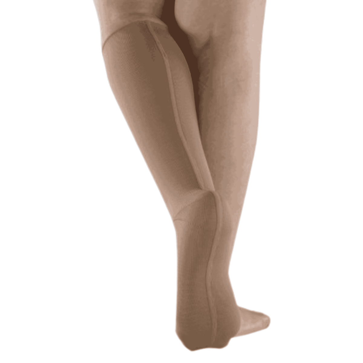 A close-up rear view of a person's lower legs wearing a closed toe, knee high, flat knit, skin-toned compression stocking against a plain white background.