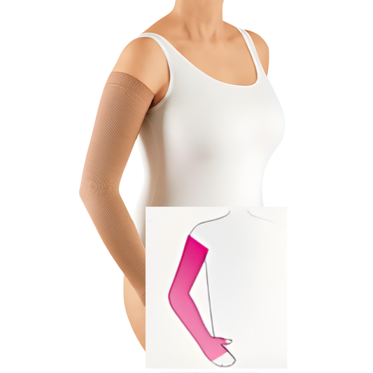 Caramel mediven Esprit softer flat knit compression arm sleeve. Garment extends from the base of the fingers to the upper arm.
