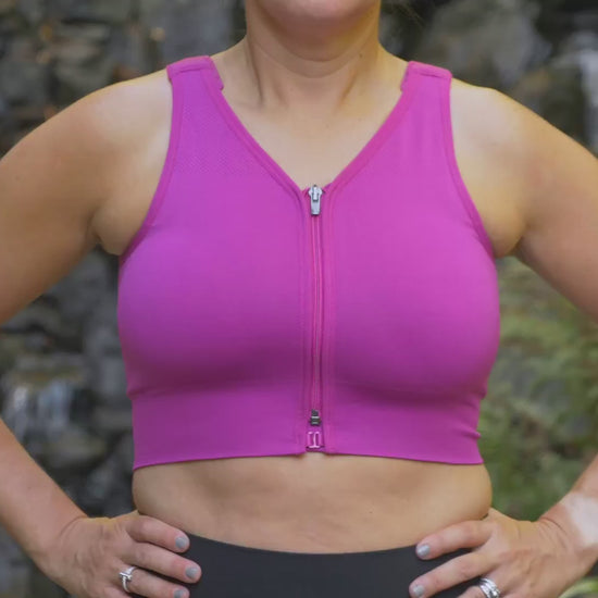HuggerPrima compression bra video with model showing front, back and side views.
