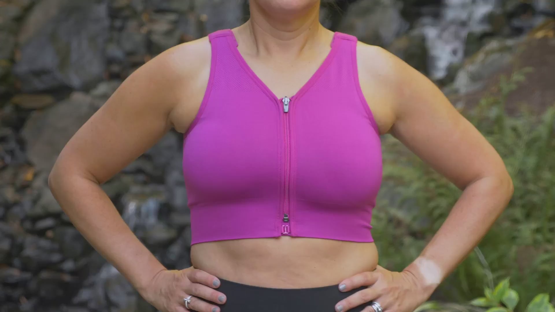 HuggerPrima compression bra video with model showing front, back and side views.