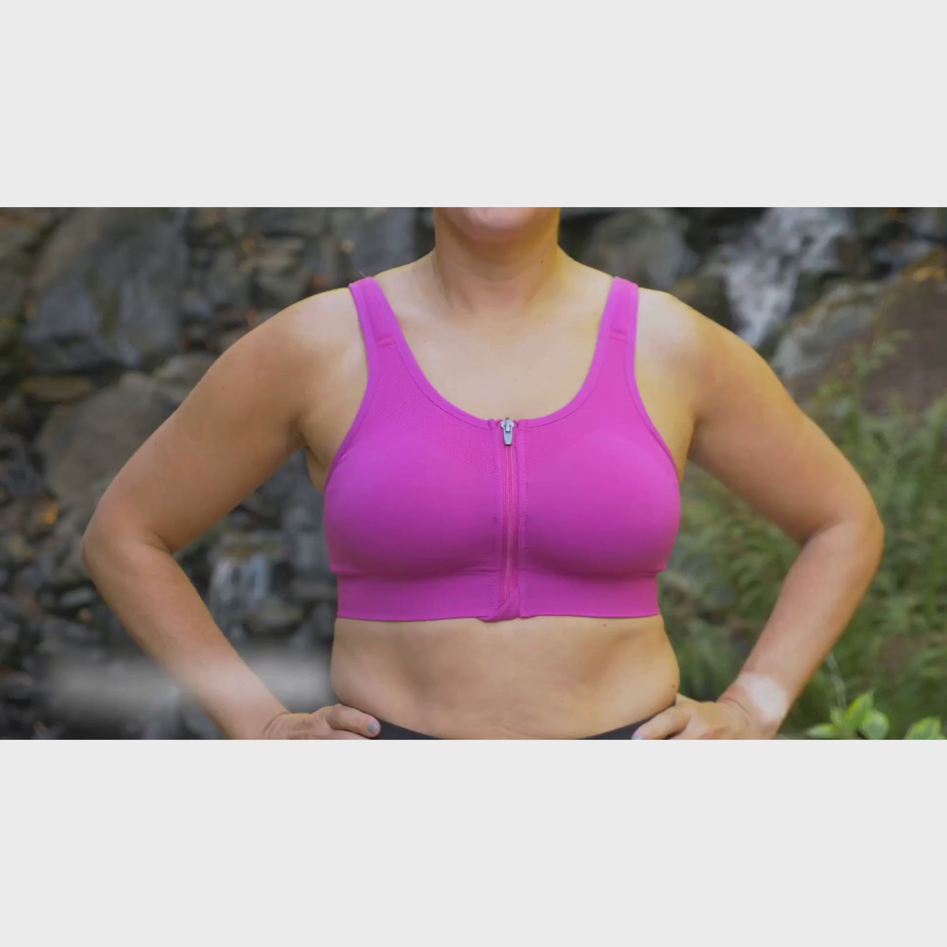 Prairie Wear HuggerVida compression bra video with a model showing  front back and side views.