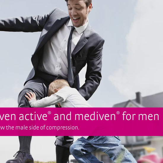 Promotional video for mediven for Men, showcasing product features such as anatomical toe design with practical right/left markings for a perfect fit and user comfort, stylish business rib design, added lanolin, Clima Fresh for long-lasting freshness on the leg and foot, especially soft cuff