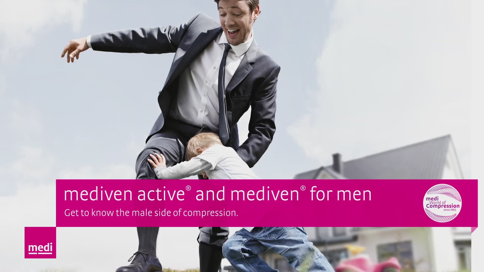 Promotional video for mediven for Men, showcasing product features such as anatomical toe design with practical right/left markings for a perfect fit and user comfort, stylish business rib design, added lanolin, Clima Fresh for long-lasting freshness on the leg and foot, especially soft cuff