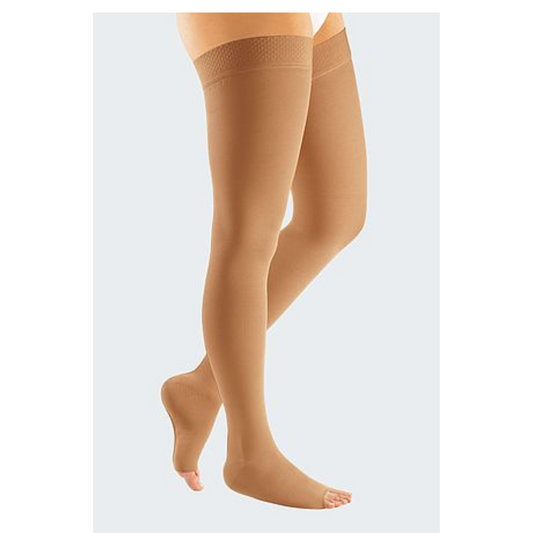 mediven Mondi softer flat knit compression stockings thigh-high (A-G) open toe with silicone top band